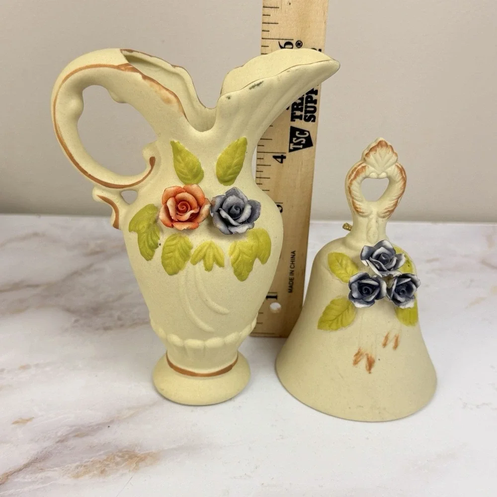 Flambro Porcelain Floral Pitcher Vase Bell Applied Roses Vintage Cottagecore Dec